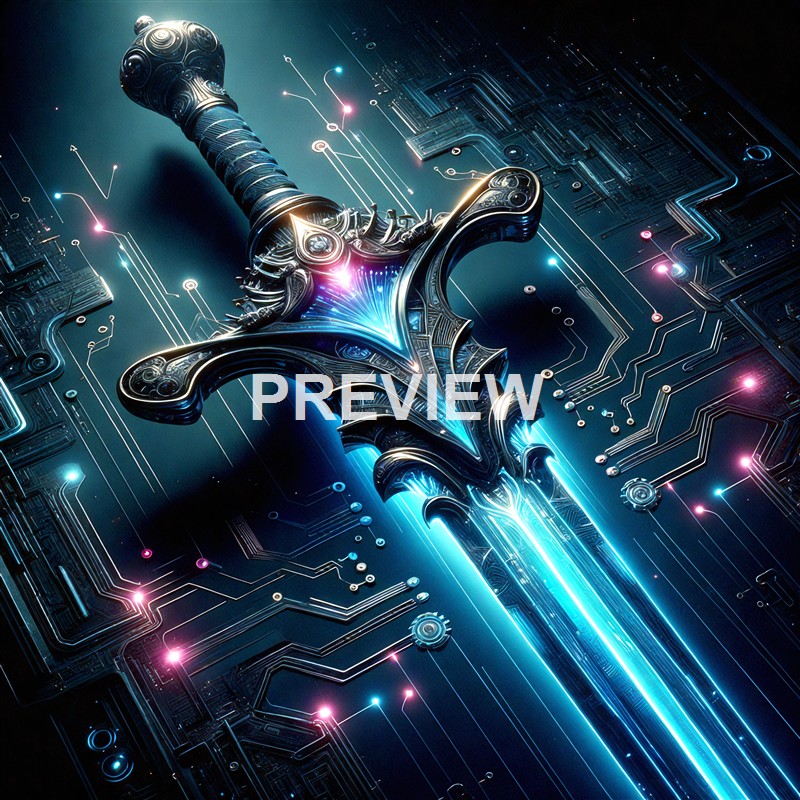 A futuristic, glowing sword is embedded in a digital circuit board, with vibrant blue and pink light effects surrounding it, creating a high-tech, sci-fi aesthetic.